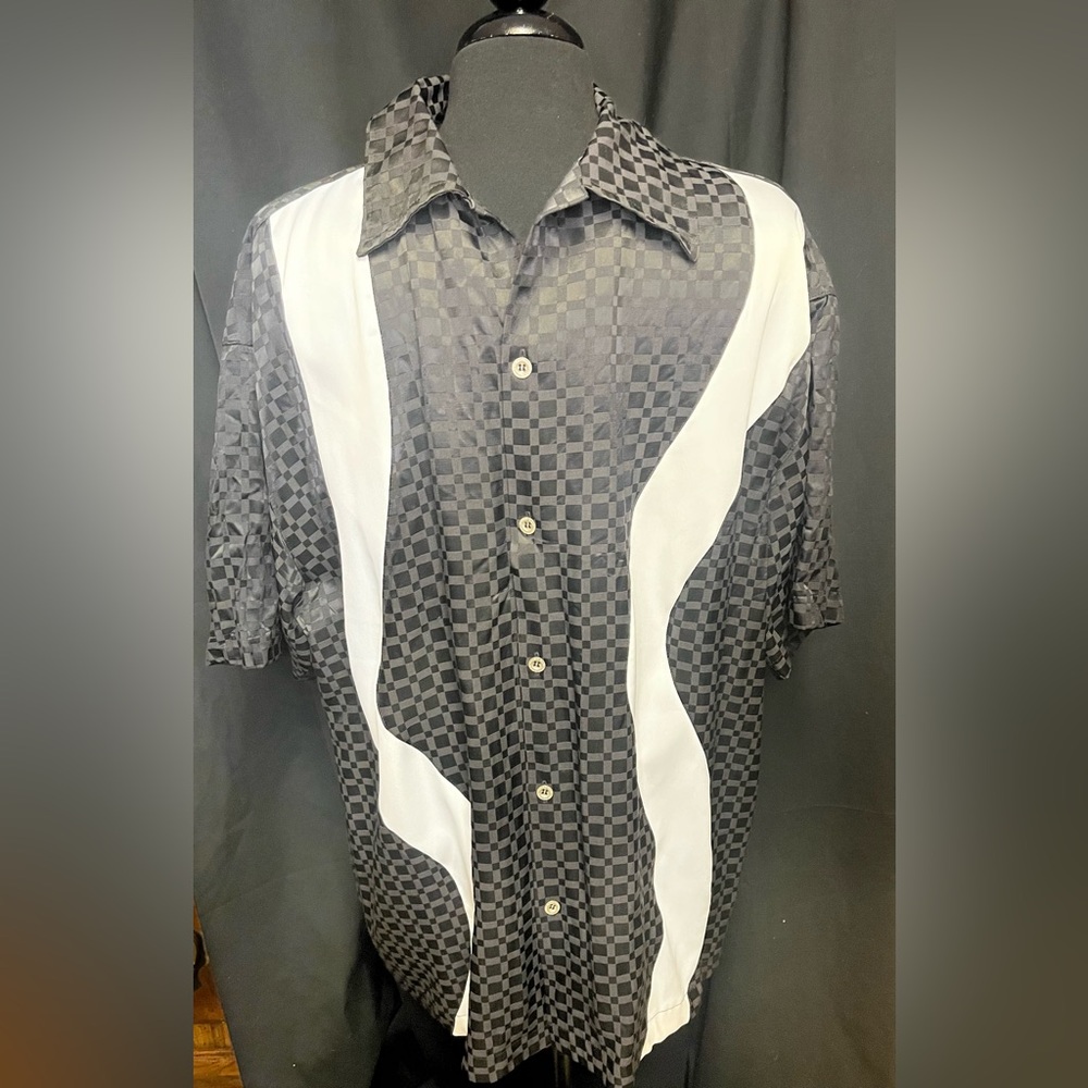 Vintage Mens XL Button Down Rockabilly Retro Bowling Shirt Black And White Check